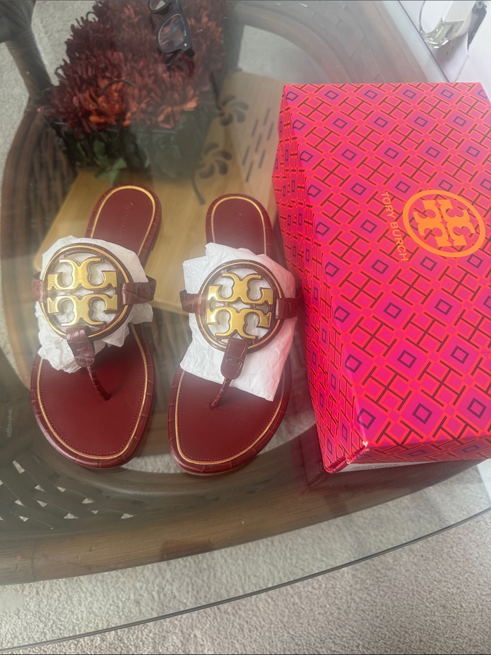 Tory Burch Burgundy Leather Logo Thong Sandals with Gold Medallions
